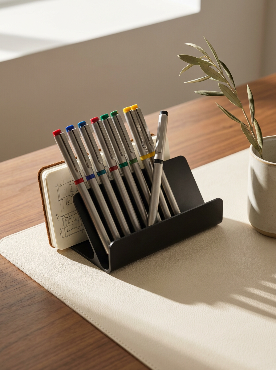 Fineliner pens in a desk stand beside an open sketch notebook, lit by afternoon sun.
