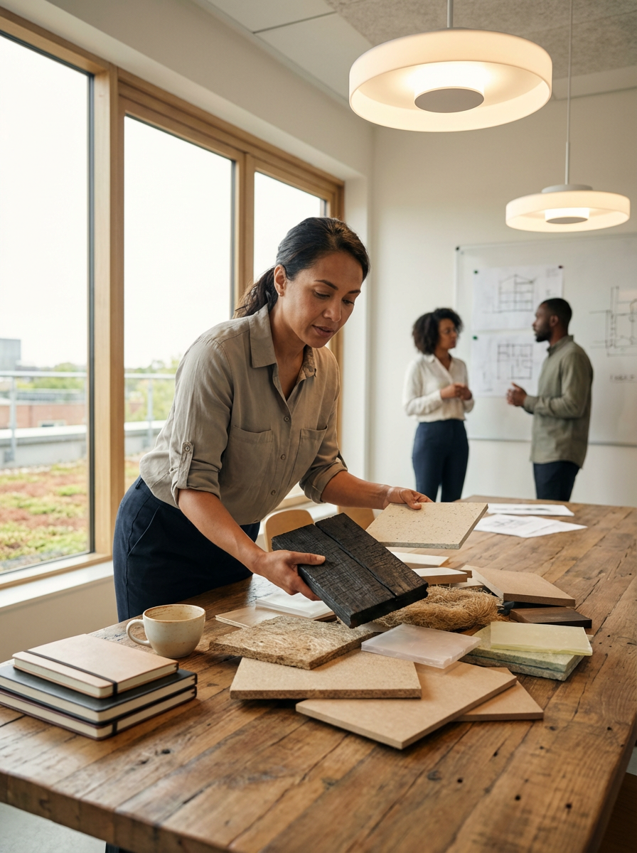 A woman comparing material samples on a boardroom table while two colleagues talk behind her.