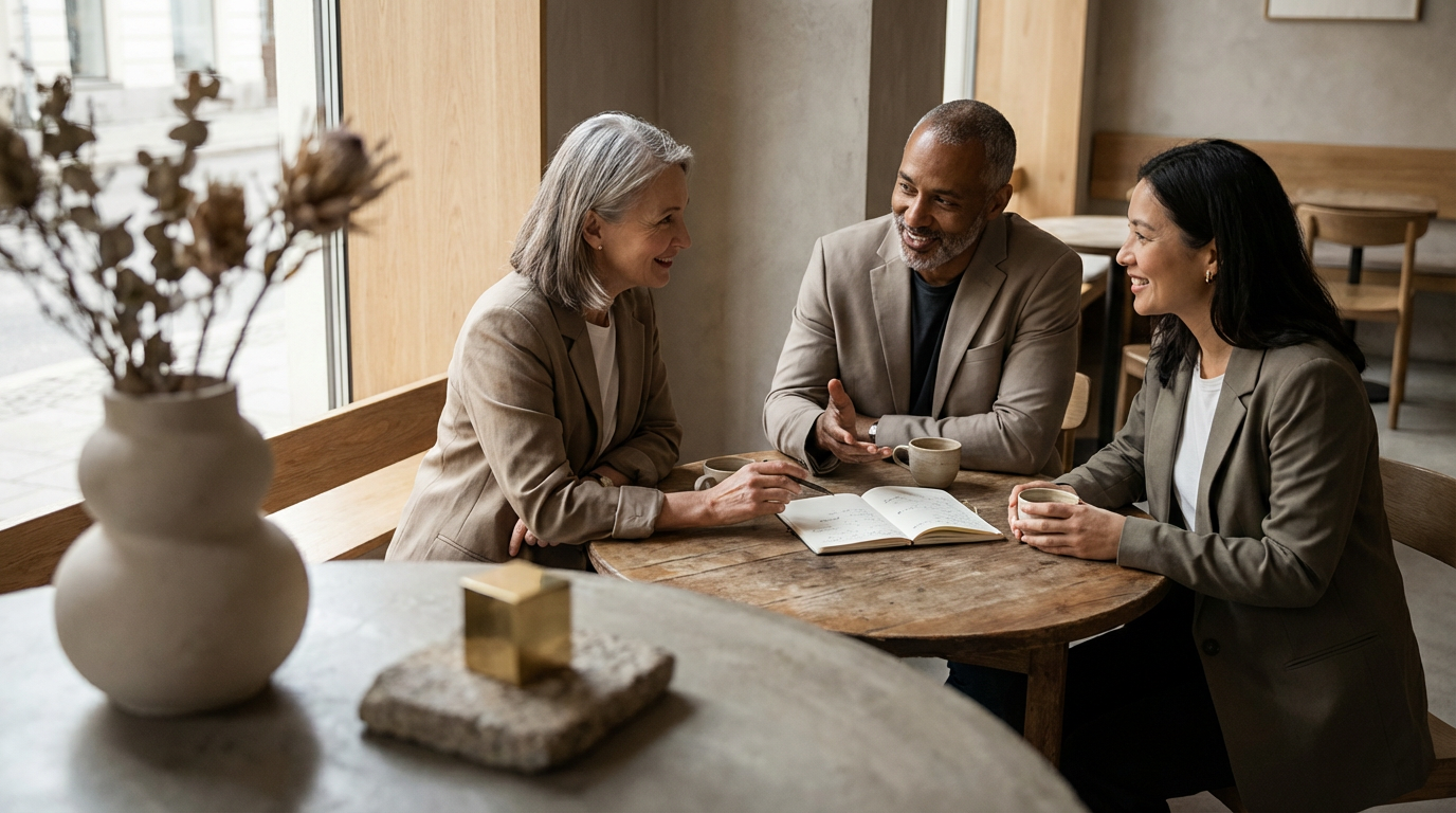Three colleagues talking over an open notebook at a cafe table.