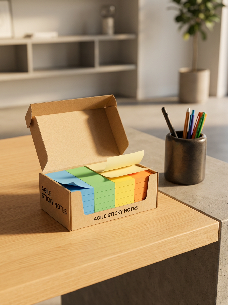 An open box of coloured sticky notes on a desk beside a cup of pens.