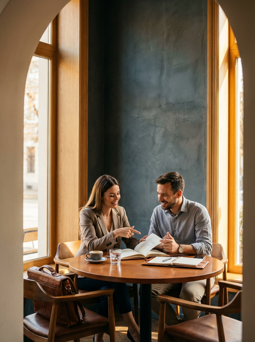 Two colleagues in conversation over notebooks at a sunlit cafe table.