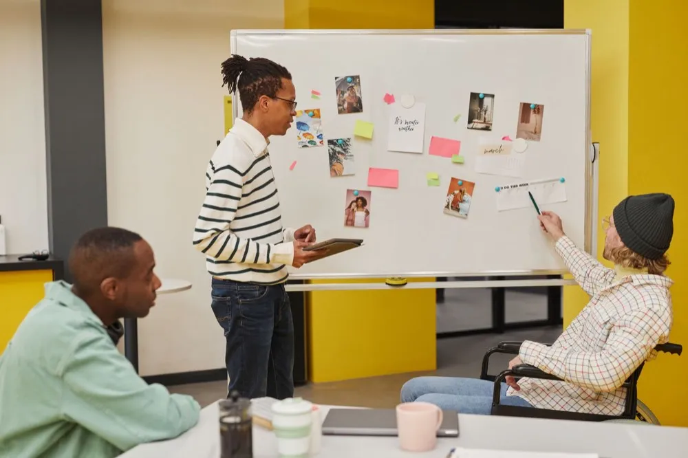 A planning session around a board of notes and photographs.